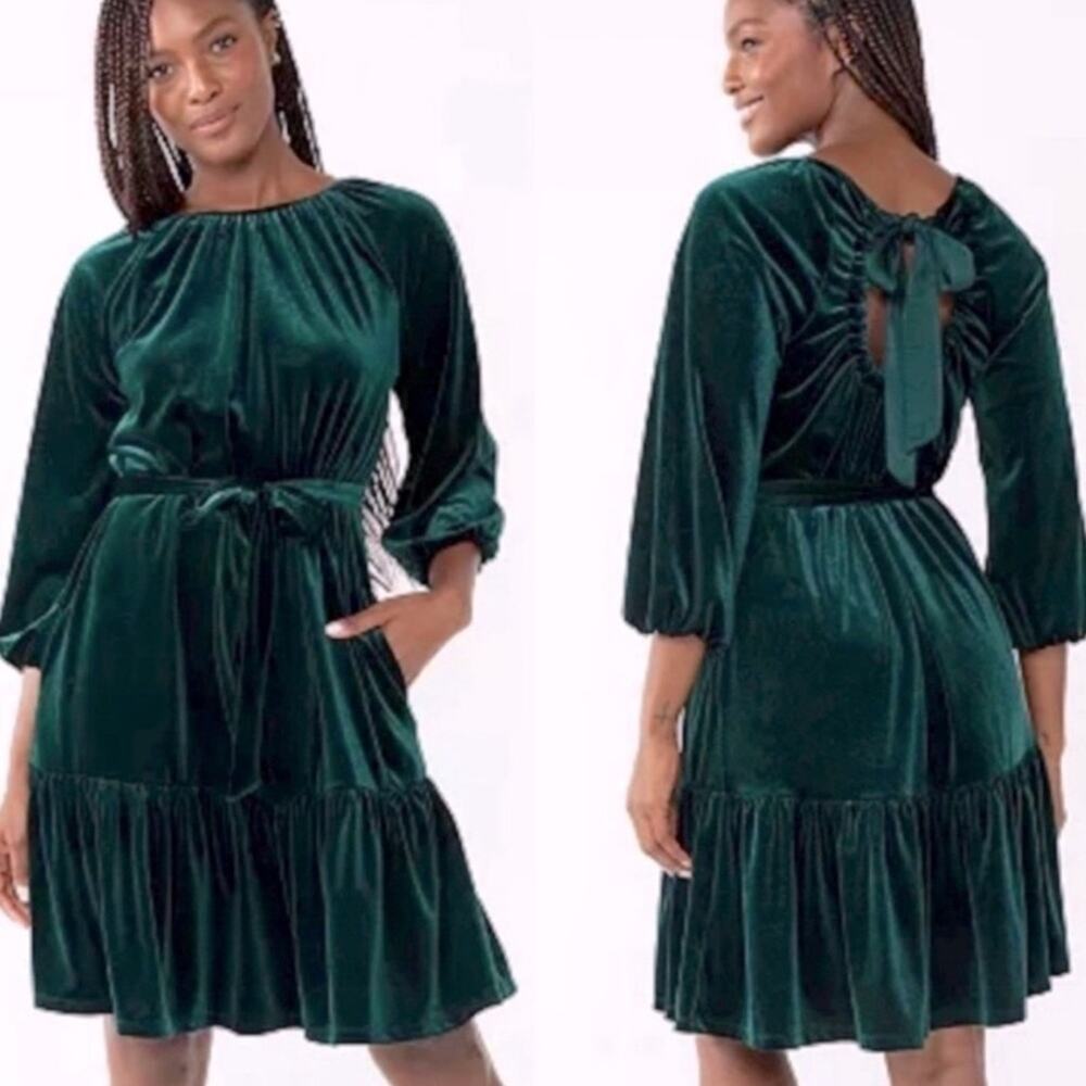 Draper James Forest Green Velvet Long-Sleeve Tie-Back Dress